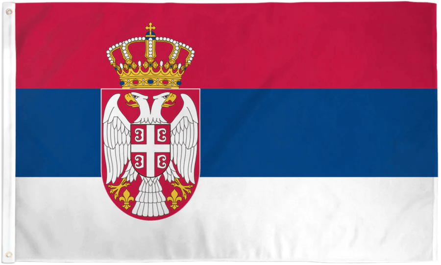 Serbia flag made in USA with red blue white tricolor and crowned national coat of arms