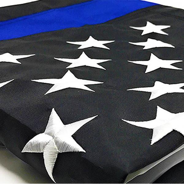Close-up of USA-made Thin Blue Line American flag with embroidered stars, sewn construction and reinforced grommets