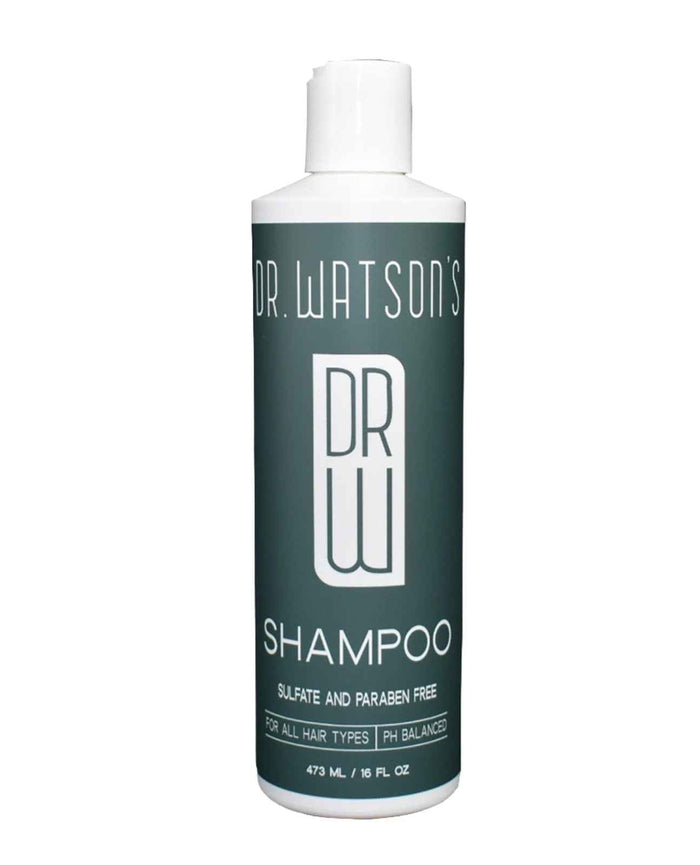 Dr. Watson's original shampoo bottle with dark green label and white cap