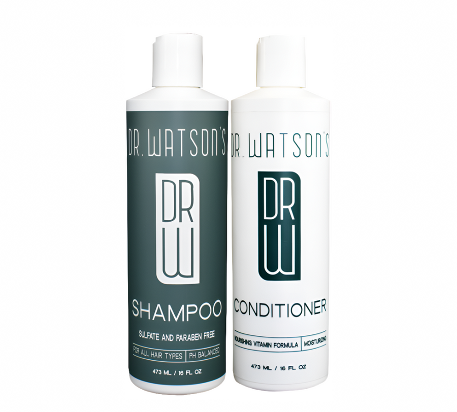 Dr. Watson's original shampoo and conditioner bottles together