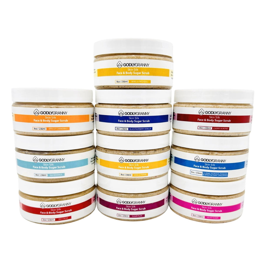 Assorted Skin Silk Face & Body Sugar Scrub packages shown together