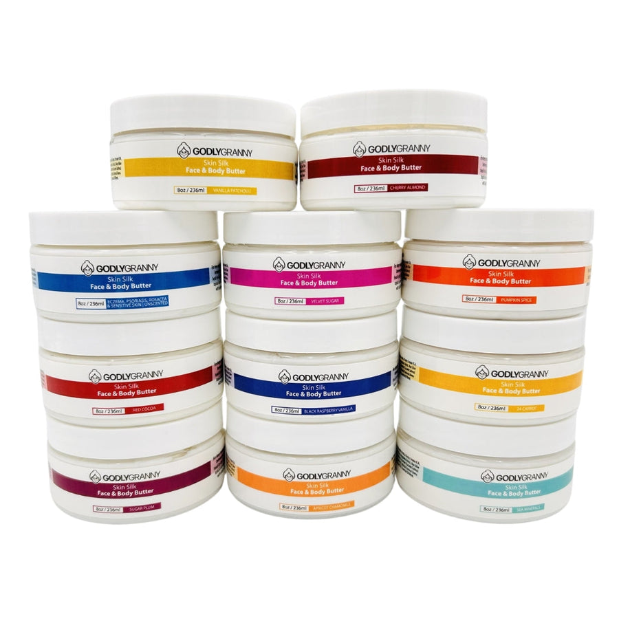 Assorted Skin Silk Shea & Cocoa Face & Body Butter packages shown together