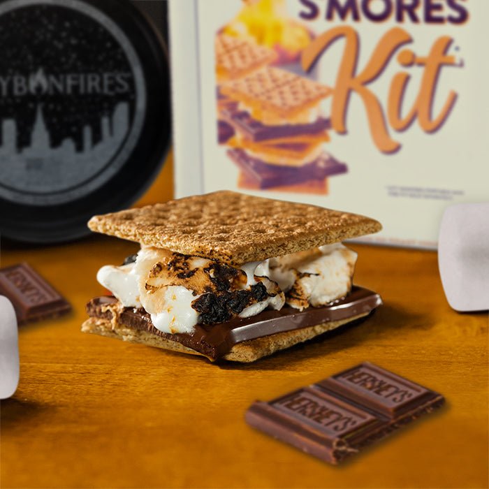 Prepared s’more beside ingredient-kit packaging