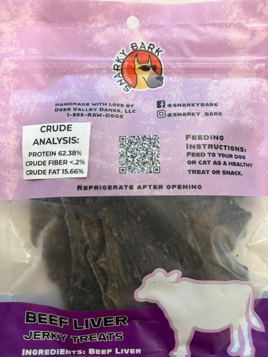 Back of beef liver jerky pouch showing the ingredient, crude analysis and refrigeration directions