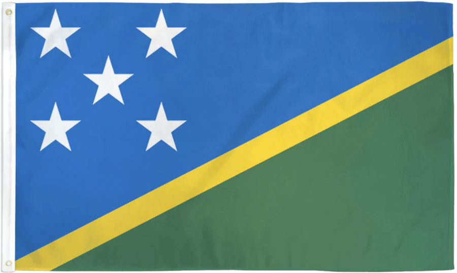 Solomon Islands flag made in USA with diagonal yellow stripe blue green fields and five white stars