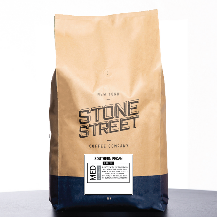 Front of the Stone Street Southern Pecan coffee bag with its product label visible