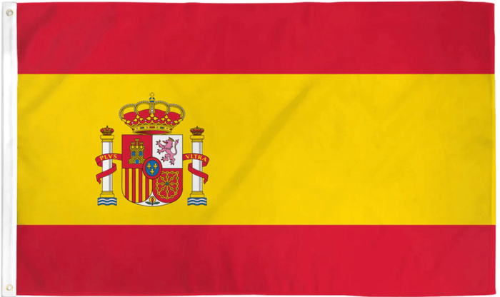 Spain flag made in USA with red yellow red bands and national coat of arms