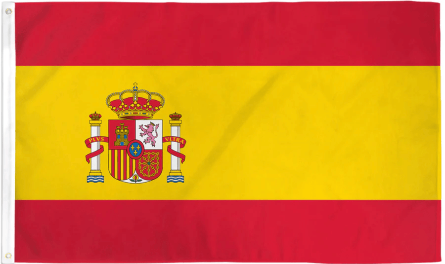 Spain flag made in USA with red yellow red bands and national coat of arms