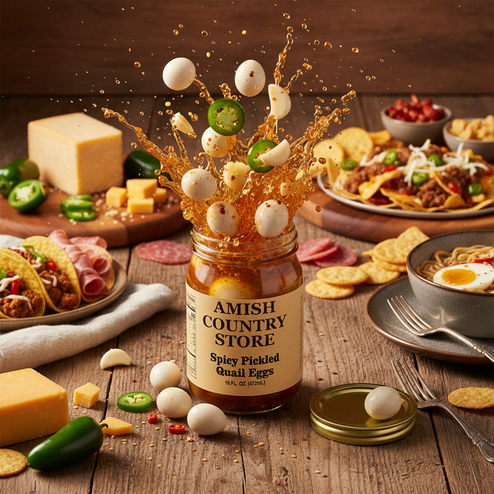 Spicy Pickled Quail Eggs package with serving suggestions in a styled food scene