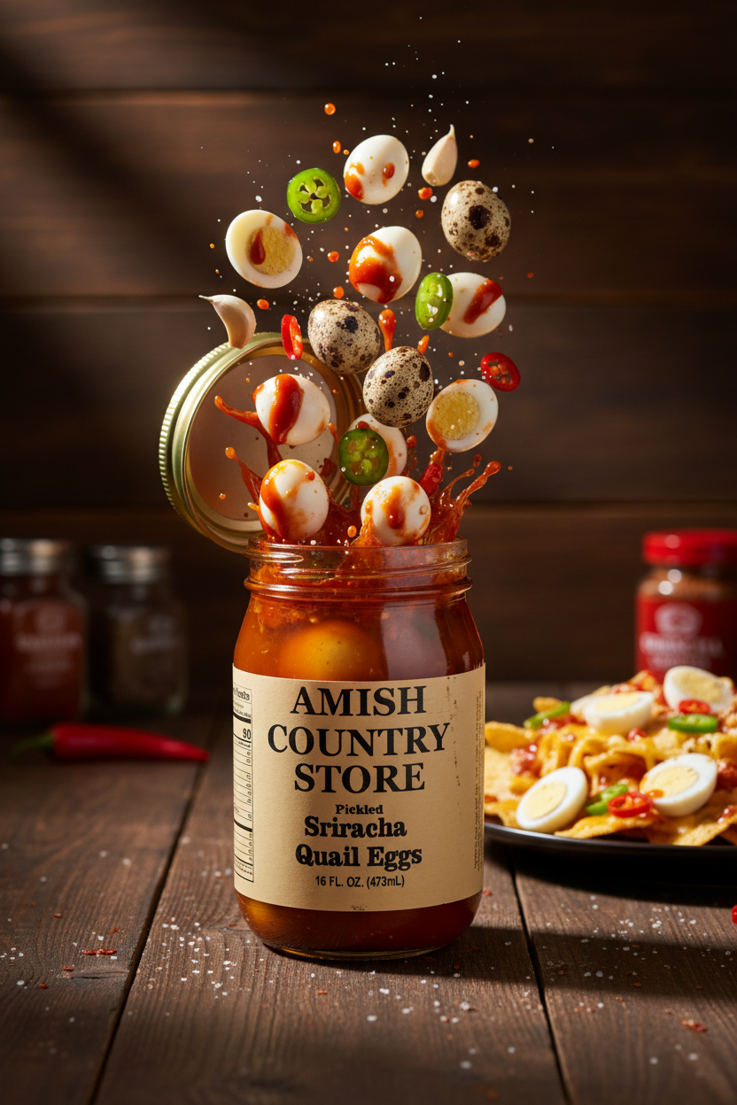 Sriracha Quail Eggs package with serving suggestions in a styled food scene