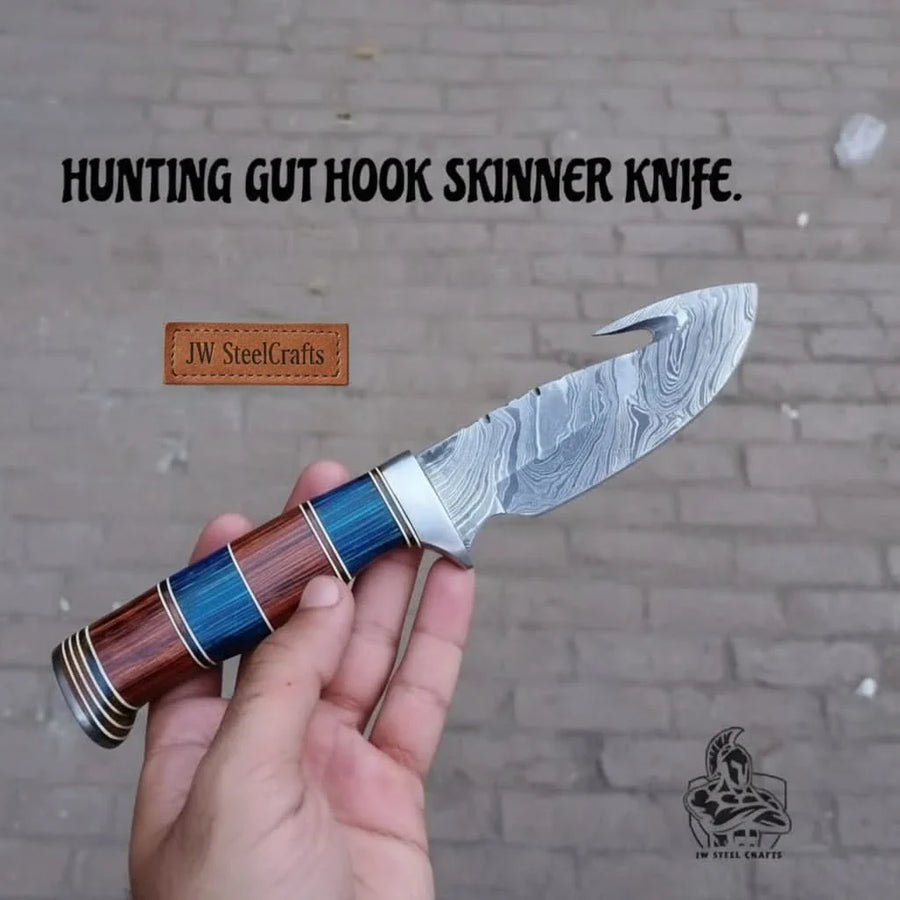 Handmade Damascus Gut-Hook Skinner Knife for Hunting