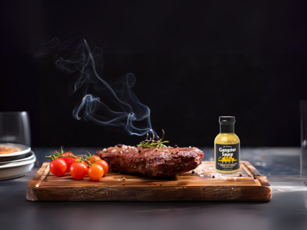 Gangster Sauce served beside a cooked steak and vegetables