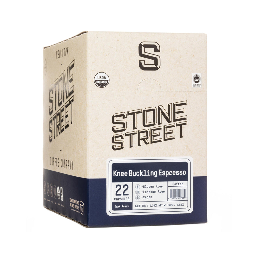 Knee Buckling Espresso Pods box showing the 22-pod package label