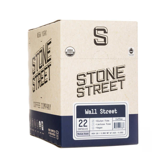 Wall Street Blend Pods box showing the 22-pod package label