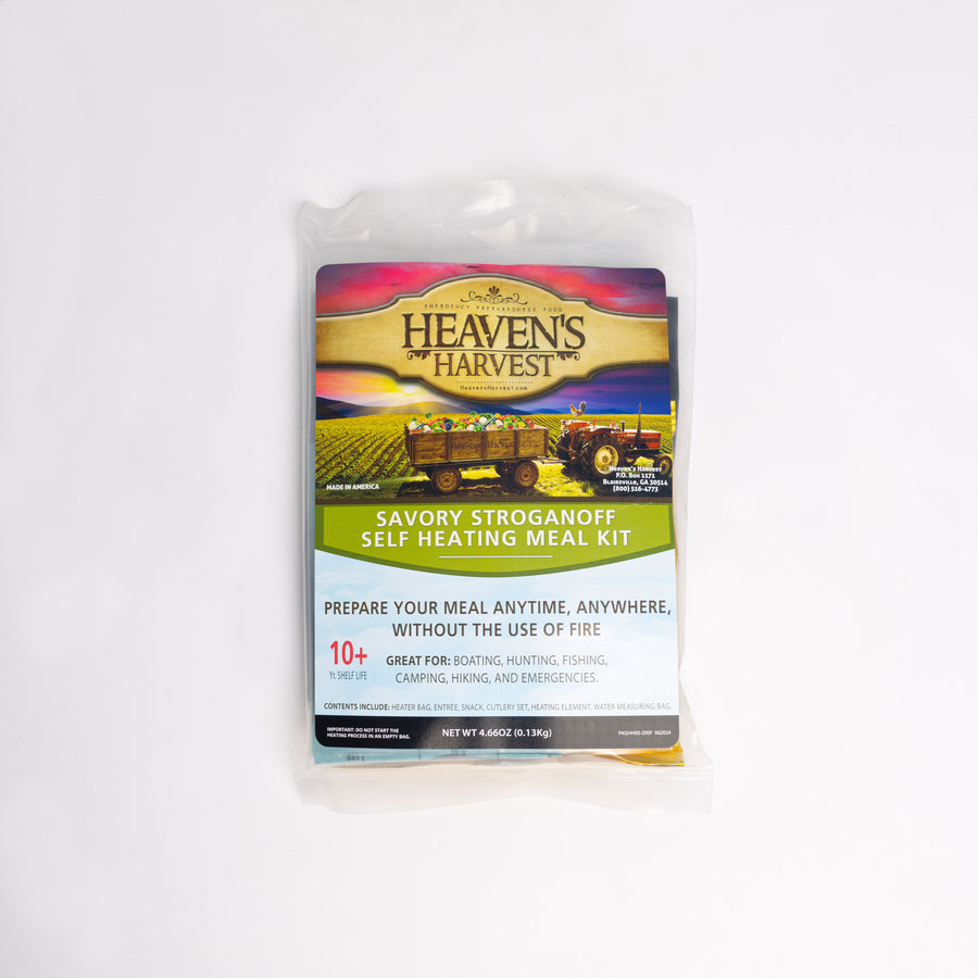 Savory Stroganoff self-heating meal kit, front package