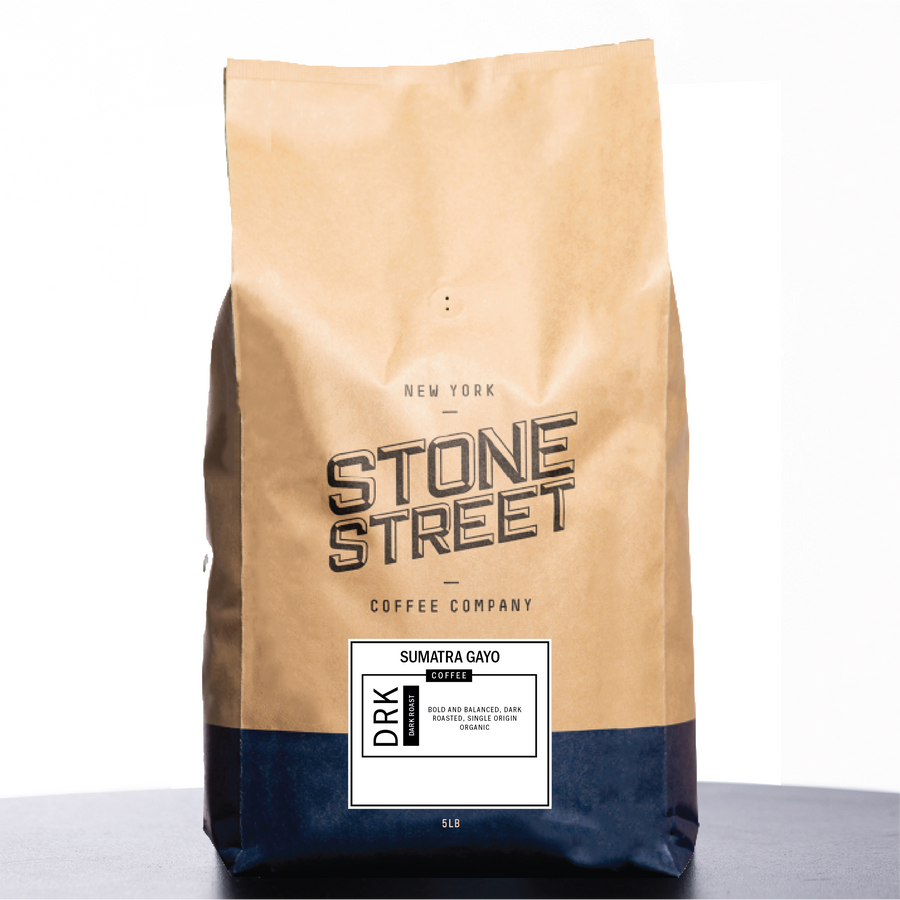 Front of the Stone Street Sumatra Gayo coffee bag with its product label visible