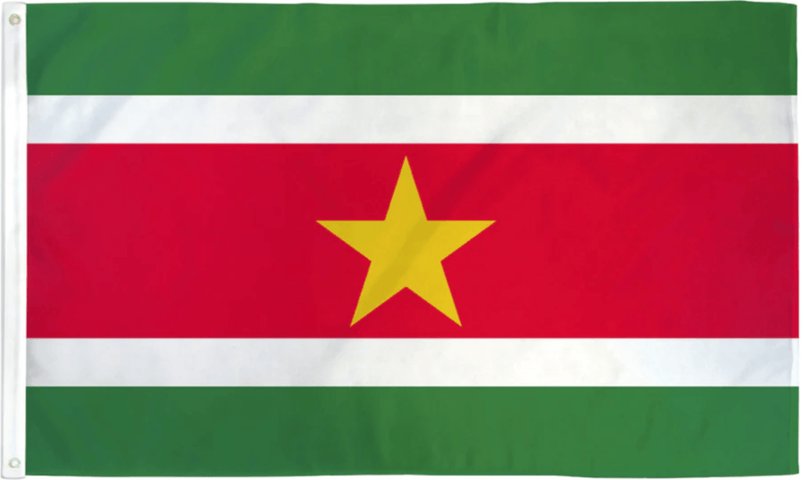 Suriname flag made in USA with green white red bands and central yellow star