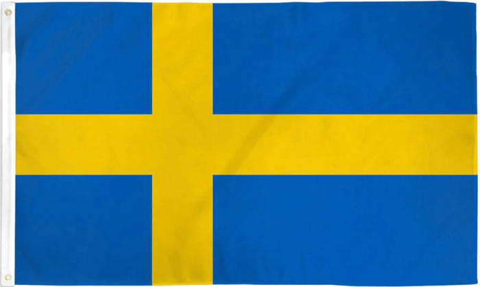 Sweden flag made in USA with golden yellow Nordic cross on blue field