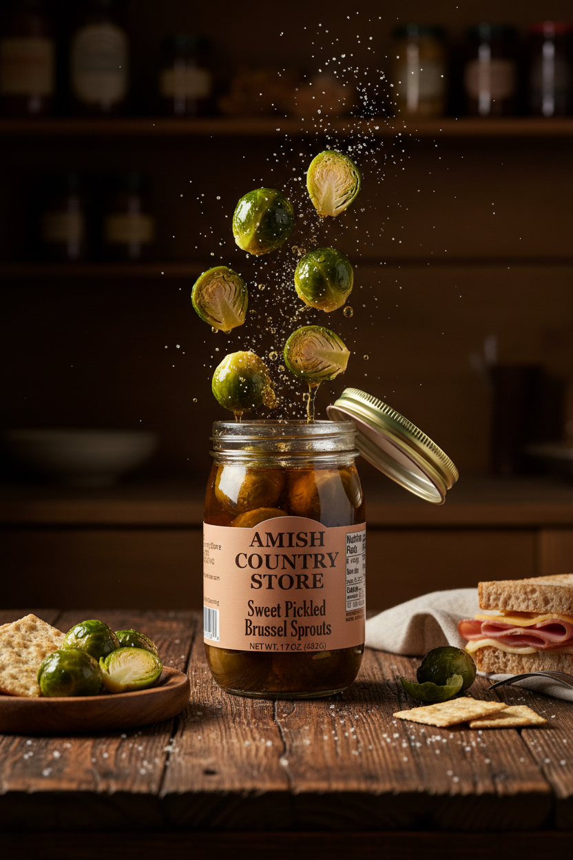 Sweet Pickled Brussels Sprouts package with serving suggestions in a styled food scene