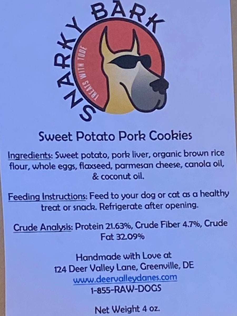 Sweet potato pork cookie label showing the full recipe, crude analysis and storage instructions
