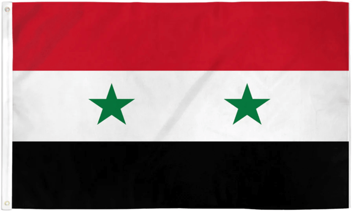 Former Syria flag made in USA with red white black horizontal bands and two green stars