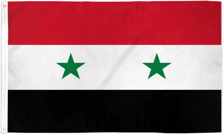 Former Syria flag made in USA with red white black horizontal bands and two green stars