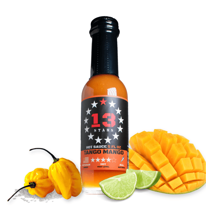 Tango Mango hot sauce bottle with mango, habanero peppers and lime