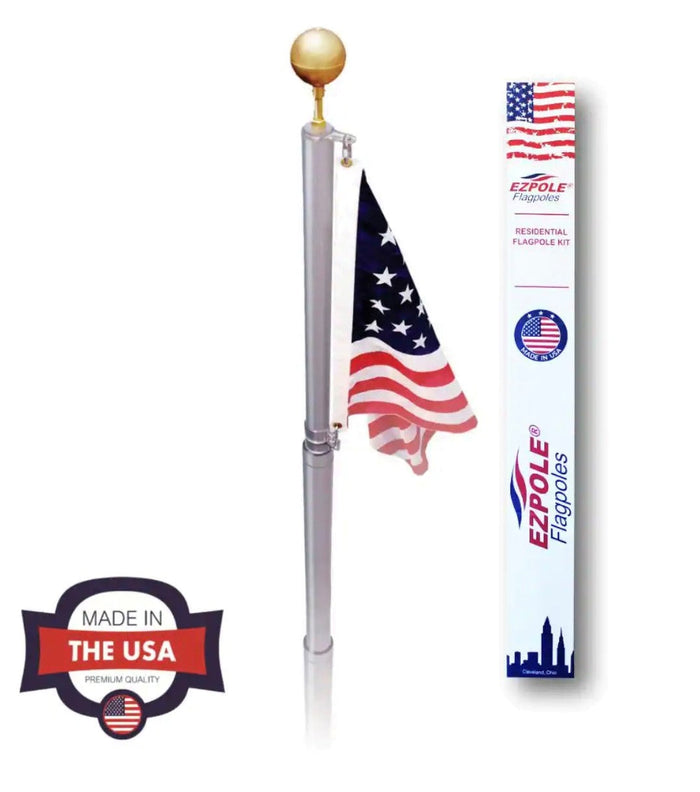 Liberty telescoping flagpole kit with American flag, gold ball finial and EZPOLE packaging