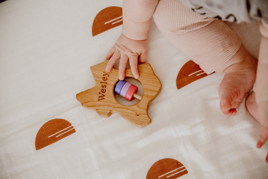 Texas cherry wood rattle in a lifestyle setting