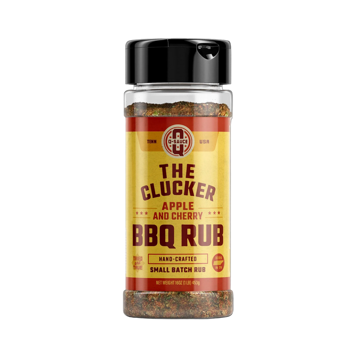 The Clucker apple and cherry poultry barbecue rub in a shaker bottle