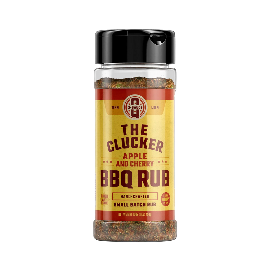 The Clucker apple and cherry poultry barbecue rub in a shaker bottle