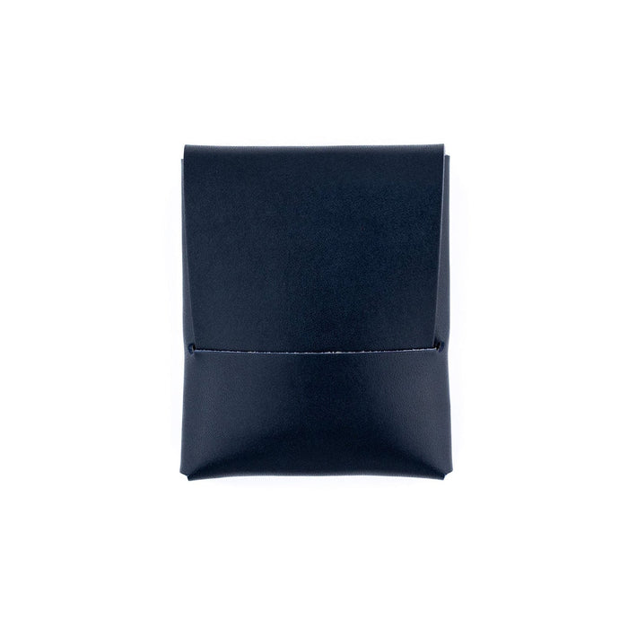 Navy Franklin leather wallet, closed front view with tuck flap