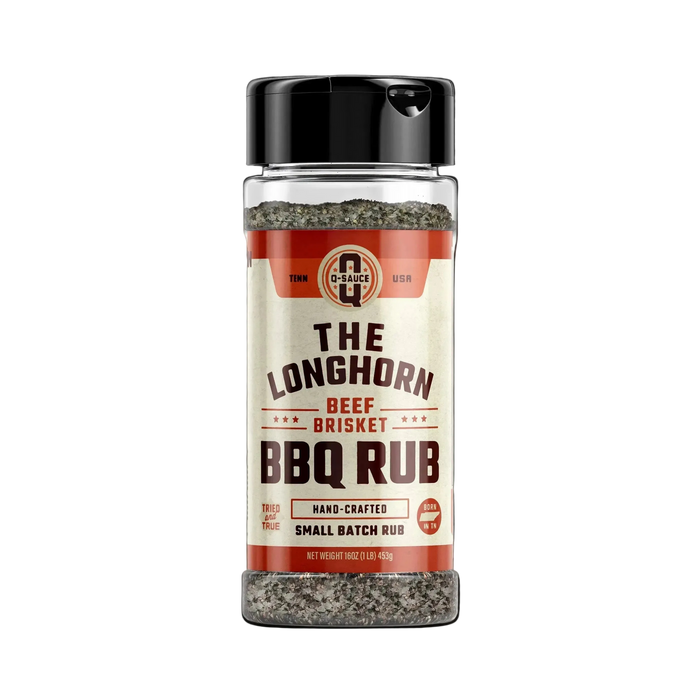 The Longhorn brisket barbecue dry rub in a clear shaker bottle