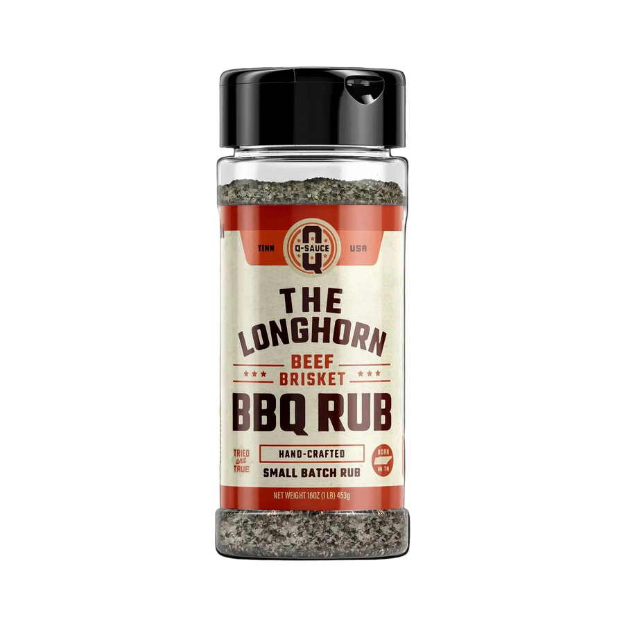 The Longhorn brisket barbecue dry rub in a clear shaker bottle
