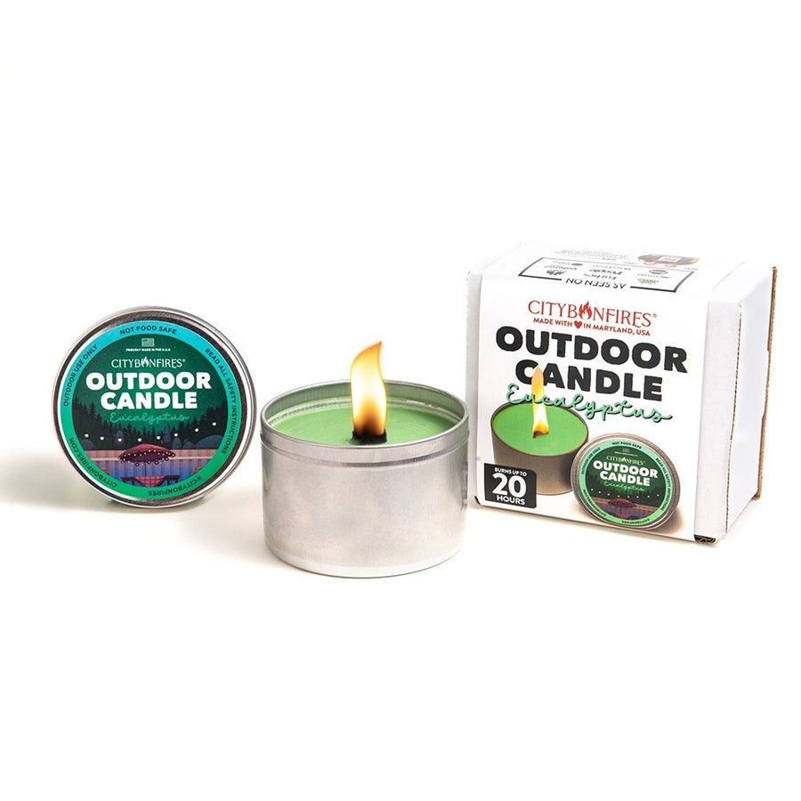 Eucalyptus outdoor candle with labeled lid and box