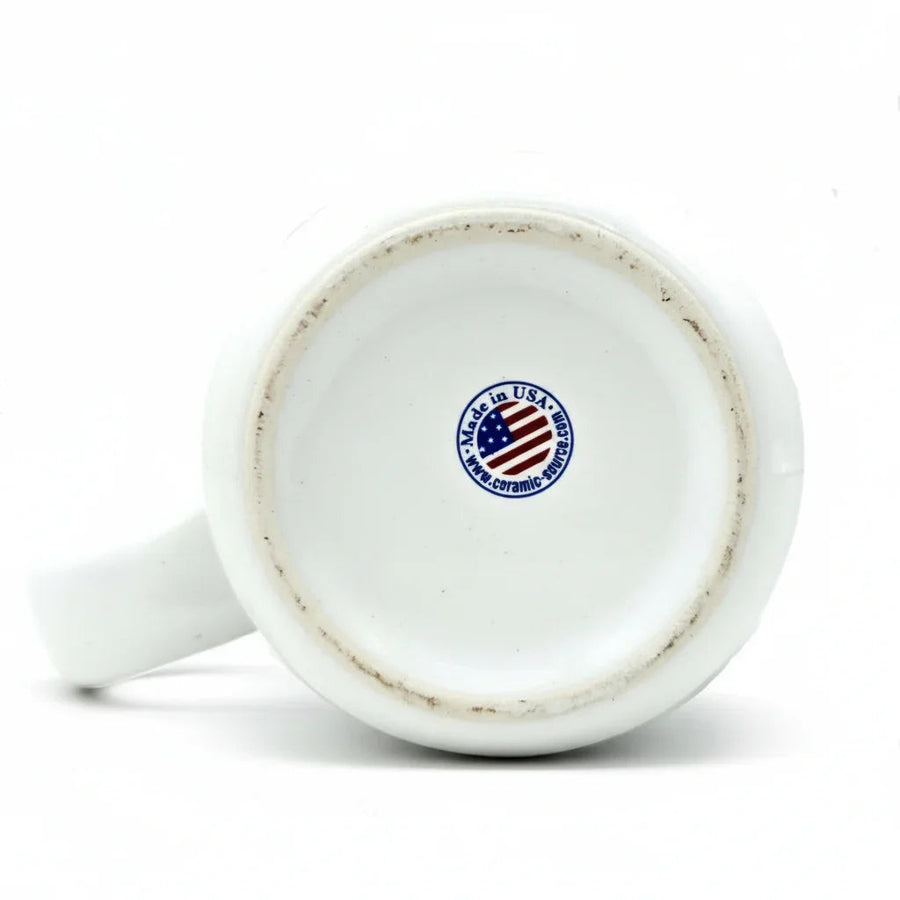 Underside of the ceramic mug showing its Made in USA mark