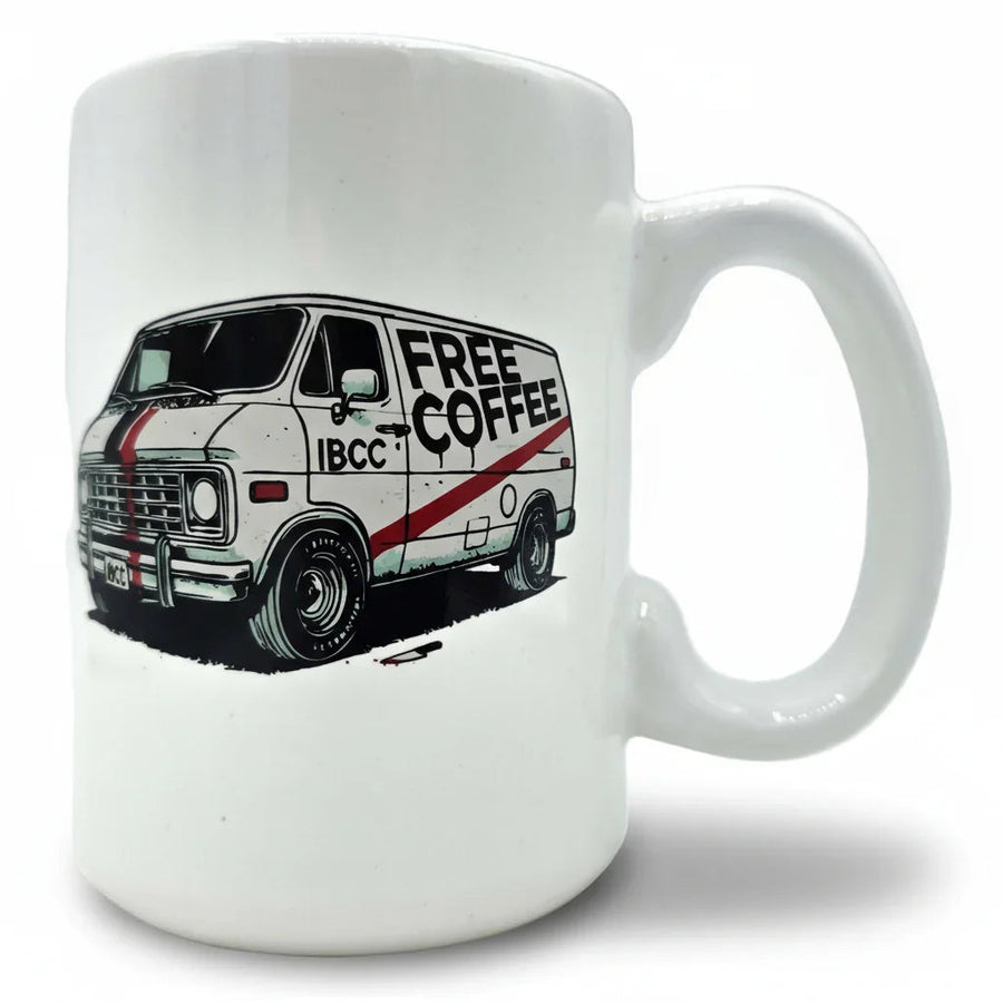 Sketchy Promise mug, alternate view of the handle and van artwork