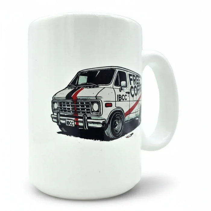 Sketchy Promise white ceramic mug with illustrated Free Coffee van