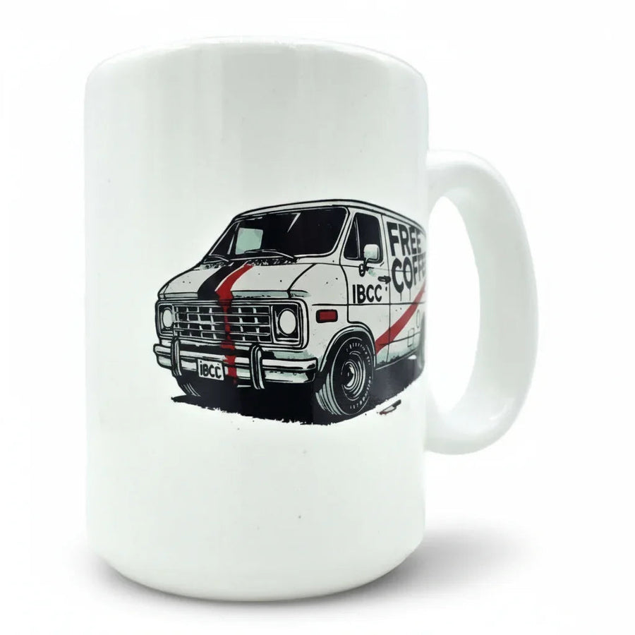 Sketchy Promise white ceramic mug with illustrated Free Coffee van