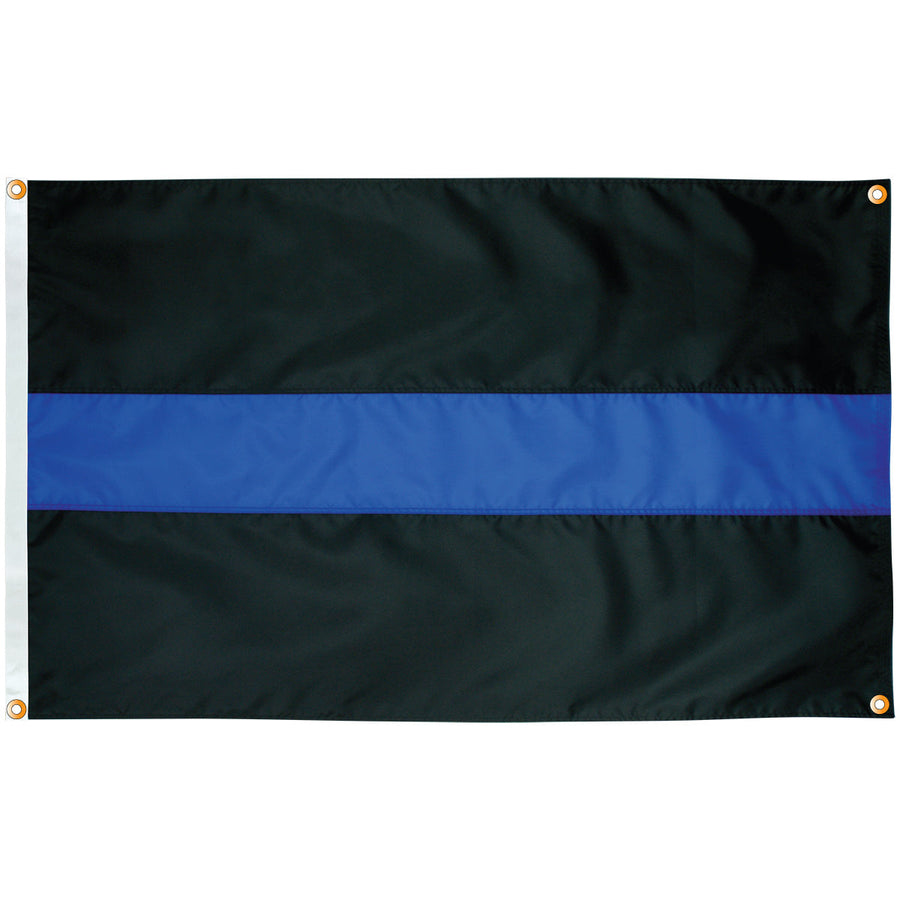 American-made sewn Thin Blue Line nylon wall flag with blue stripe and brass grommets along edges