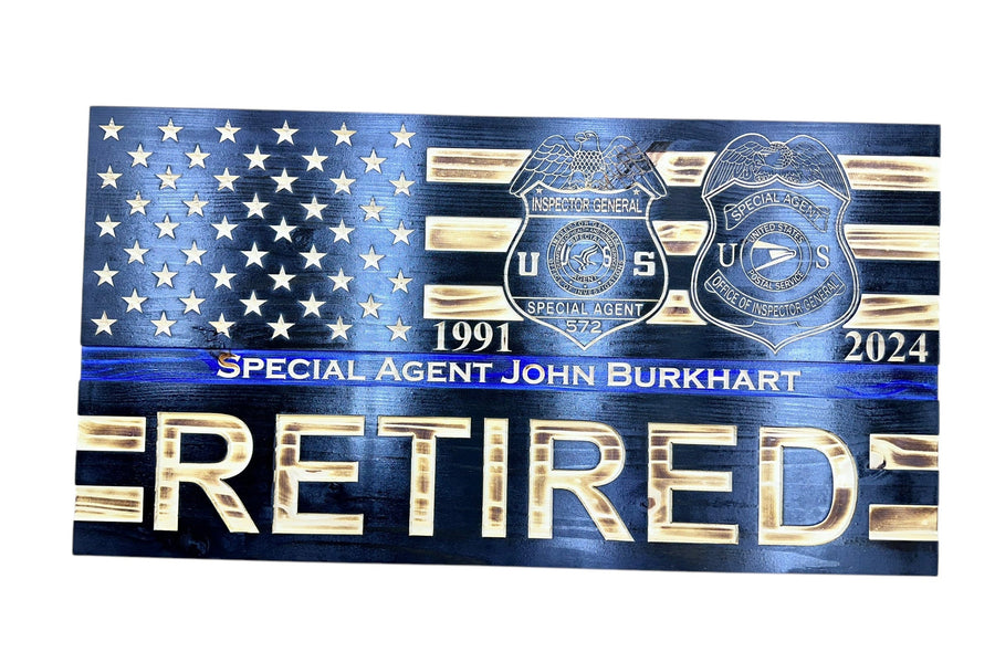 Thin Blue Line wooden American flag personalized with engraved police badge