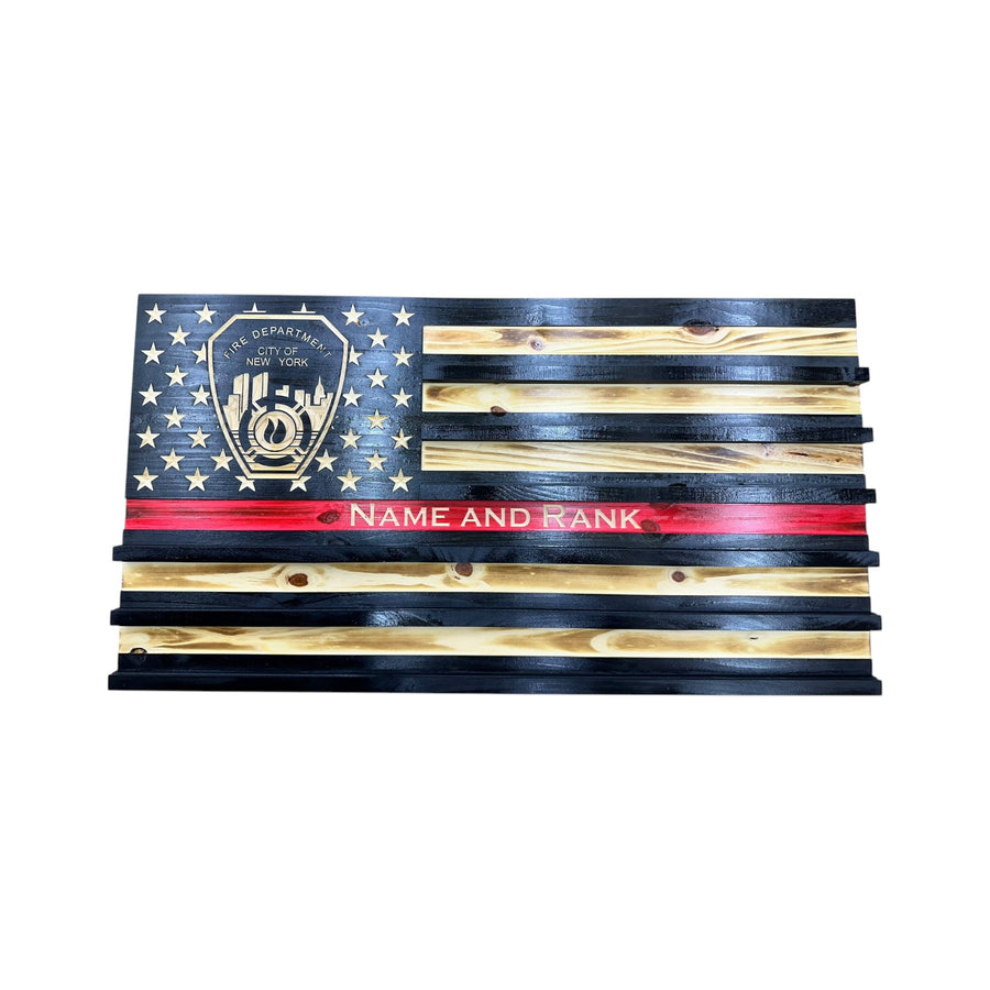 Personalized Thin Red Line wooden firefighter flag with fire department badge, name and rank