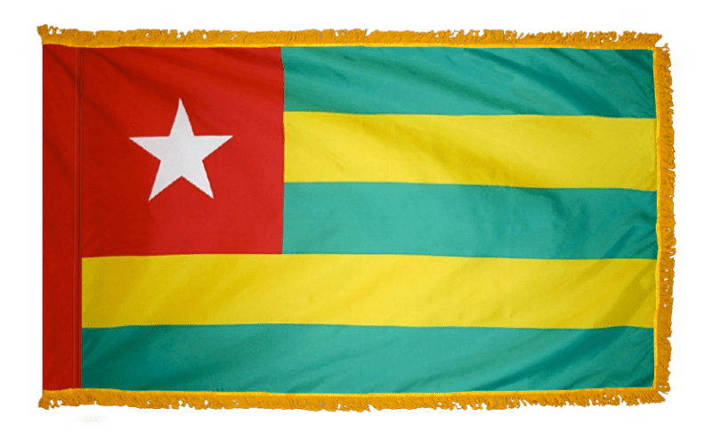 Togo nylon flag product image with five green yellow stripes and white star in red canton
