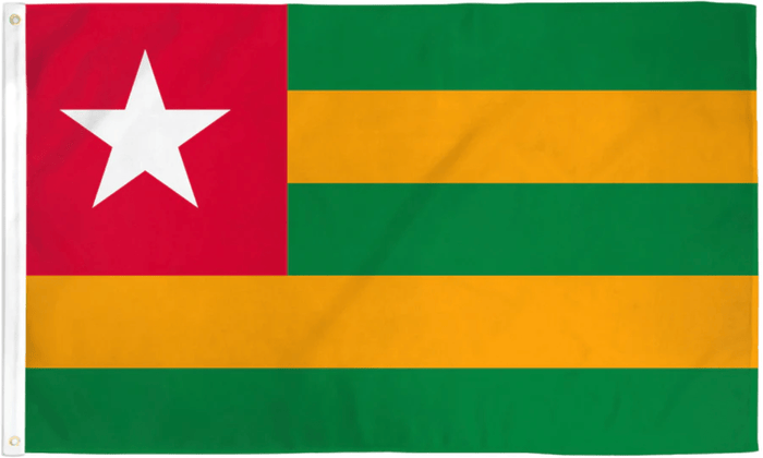 Togo flag made in USA with green yellow stripes red canton and white star