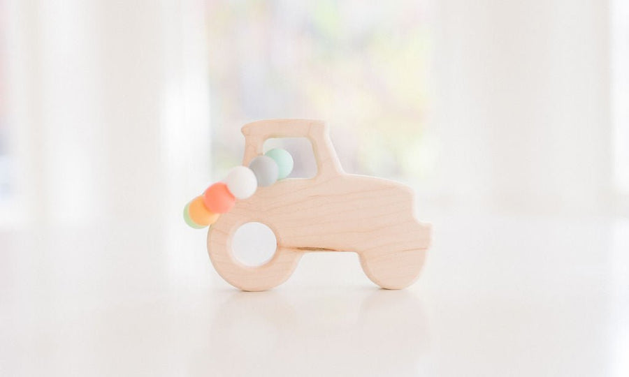 Tractor Wooden Grasping Toy with Teething Beads