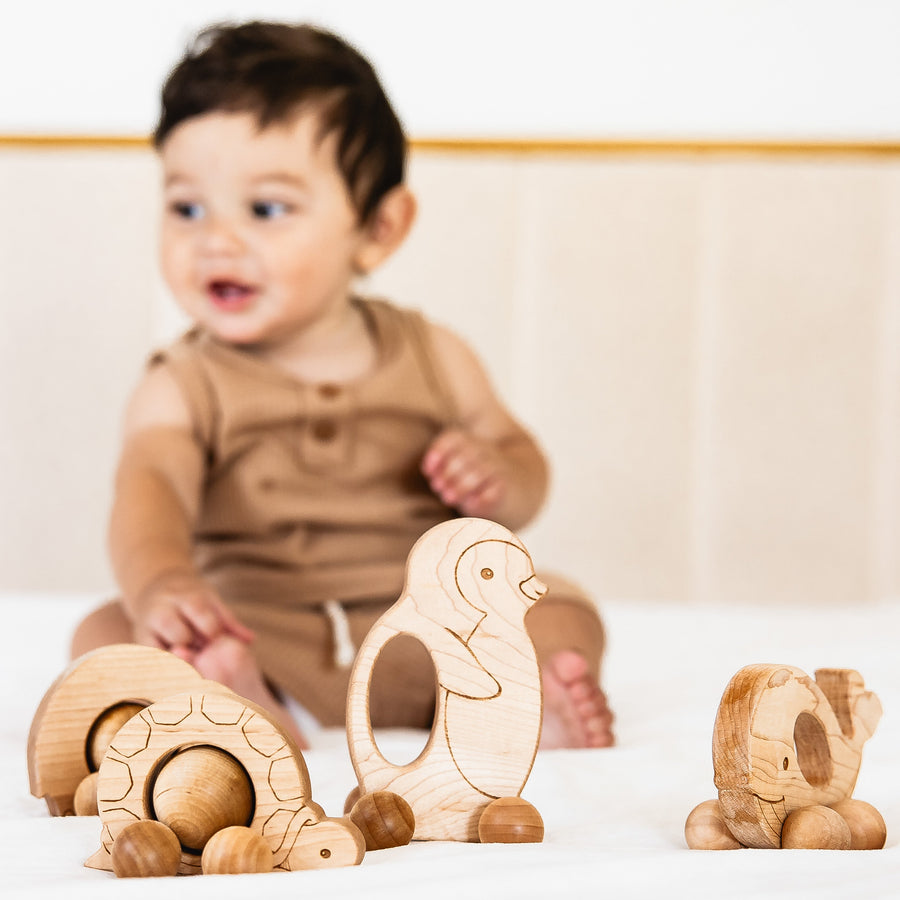 Children exploring wooden animal push toys with spherical wheels