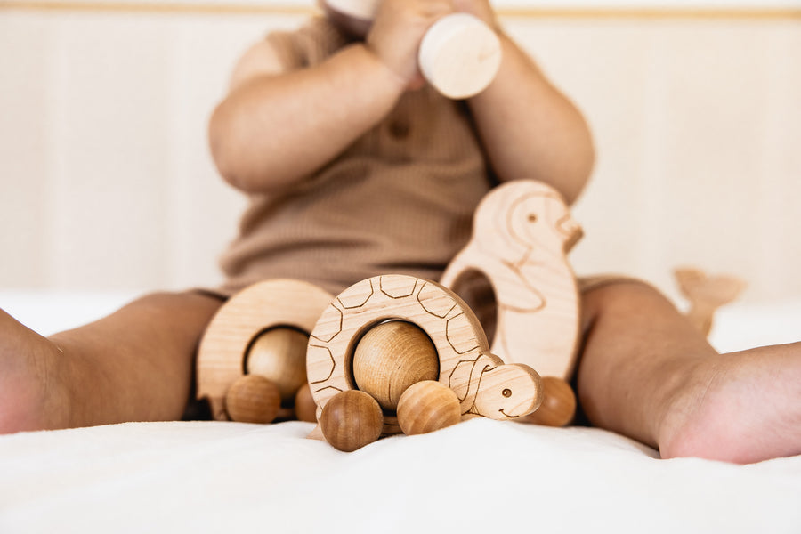 Children exploring wooden animal push toys with spherical wheels