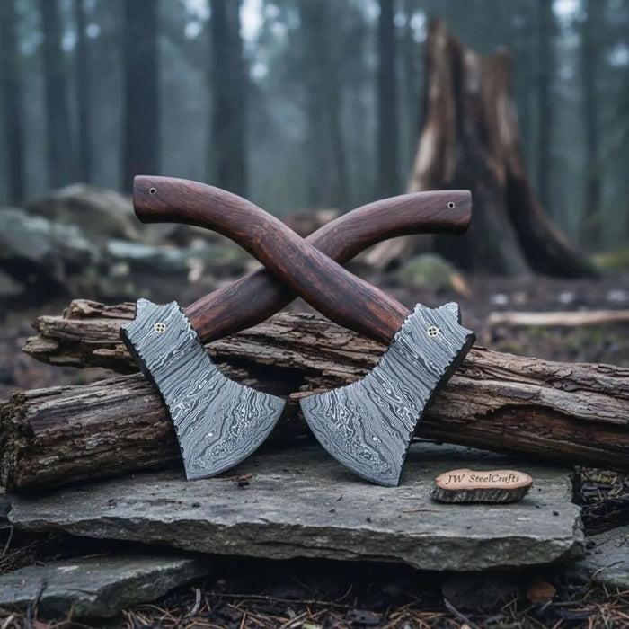 Authentic Norse Skeggøx Bearded Axe Set, Hand Forged Damascus Viking Axes with Hardwood Handles, Functional Bushcraft Hatchet Pair | JW SteelCrafts