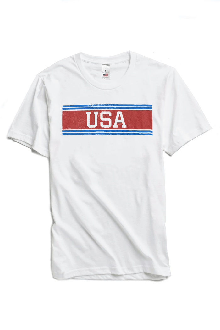 All-American Ring-Spun Cotton T-Shirt: white USA graphic T-shirt, front view.