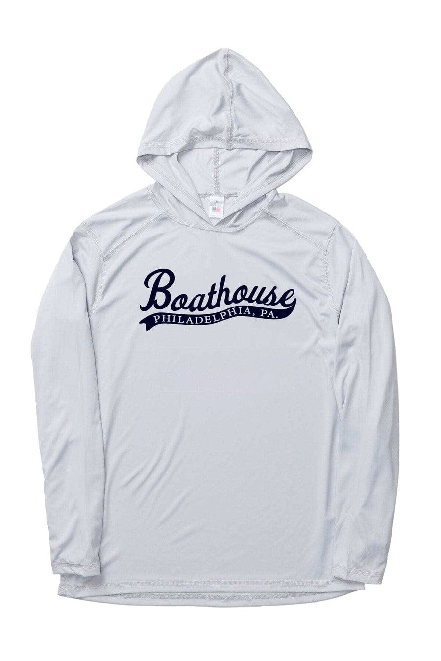 Boathouse Logo UPF 50+ Sun Hoodie: grey logo sun hoodie, front view.